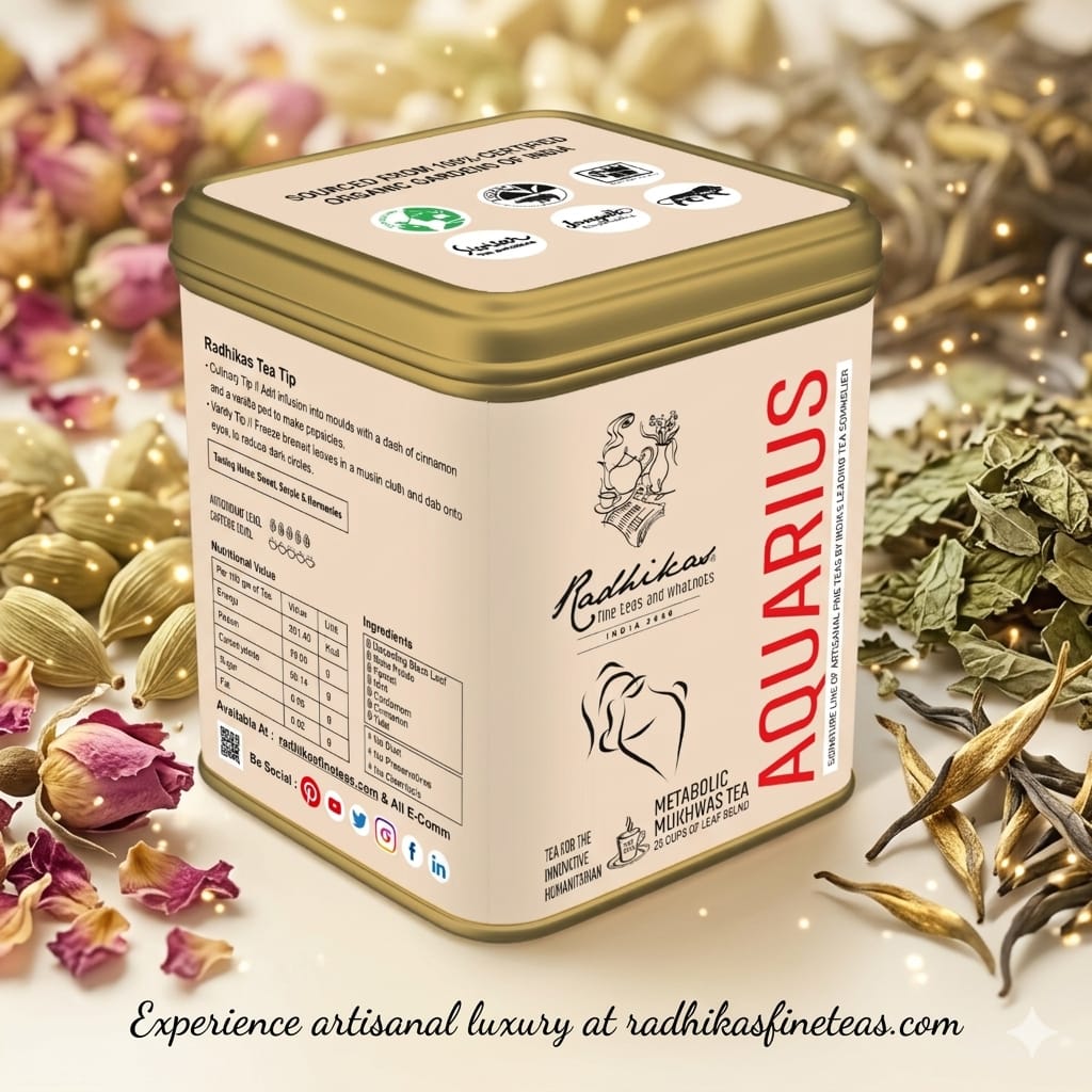 Tea tin labeled 'Aquarius' with decorative elements and branding on a blurred background.
