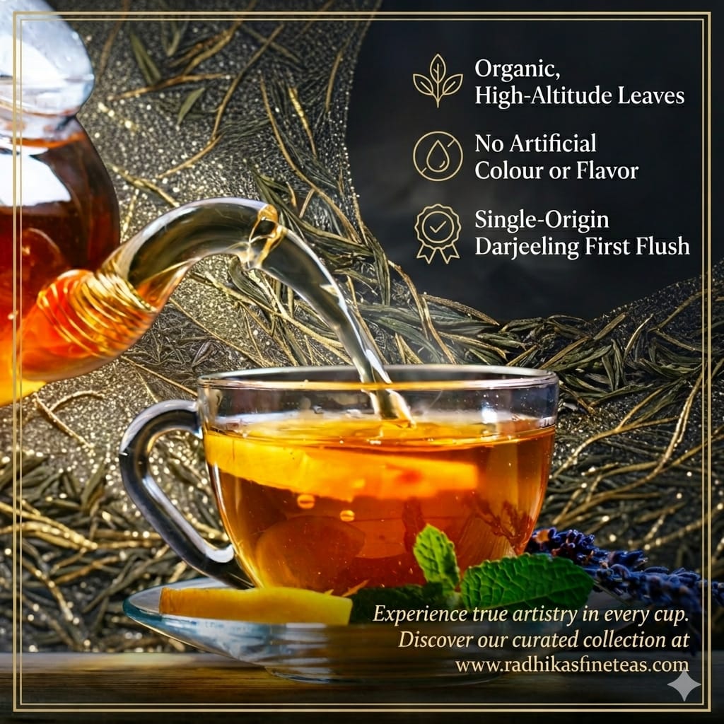 Tea being poured into a glass cup with tea leaves and a teapot in the background, featuring text about tea quality.