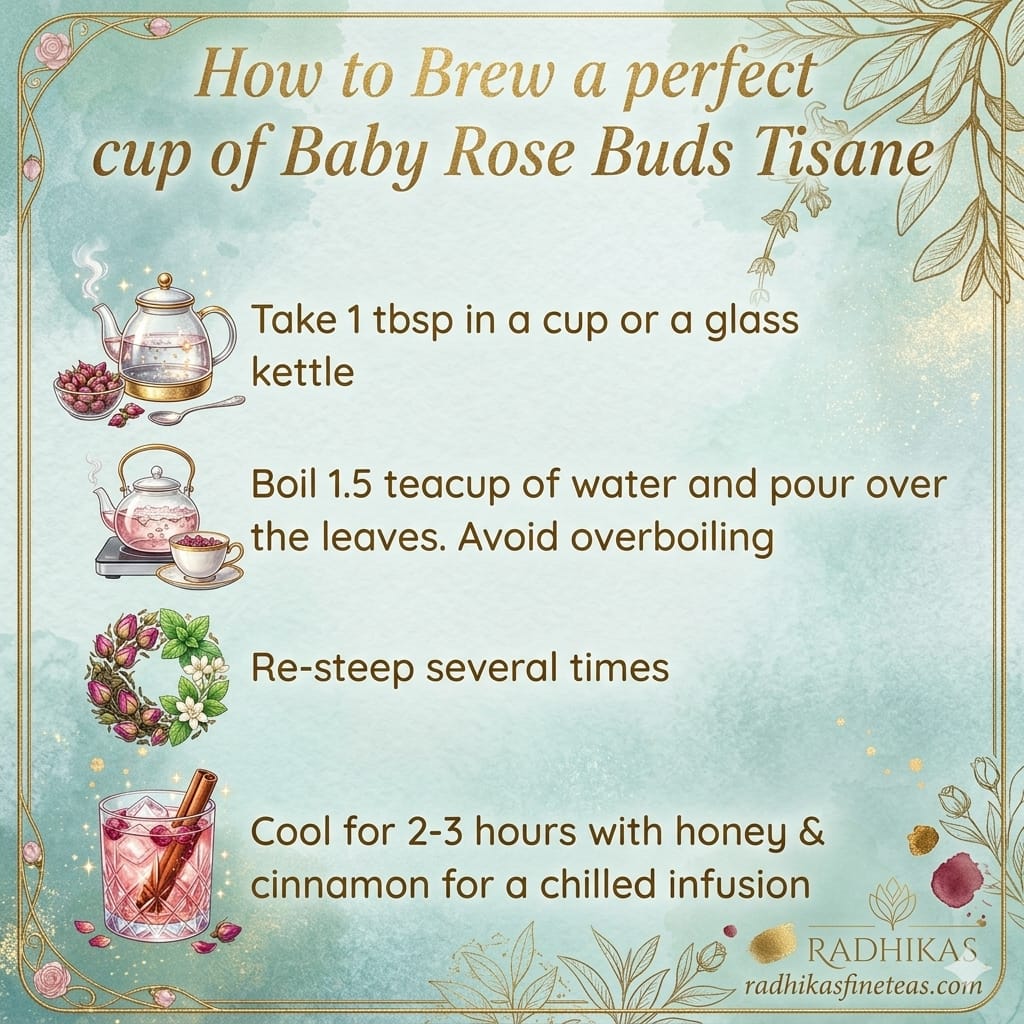Instructions for brewing baby rose buds tisane with decorative elements and Radhika's branding.