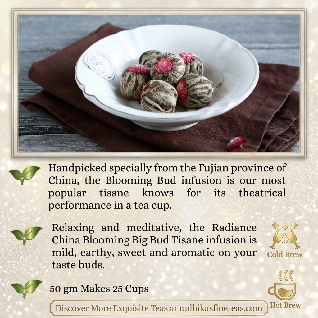 White bowl with blooming tea buds on a brown cloth, with text about the tea's origin and properties.