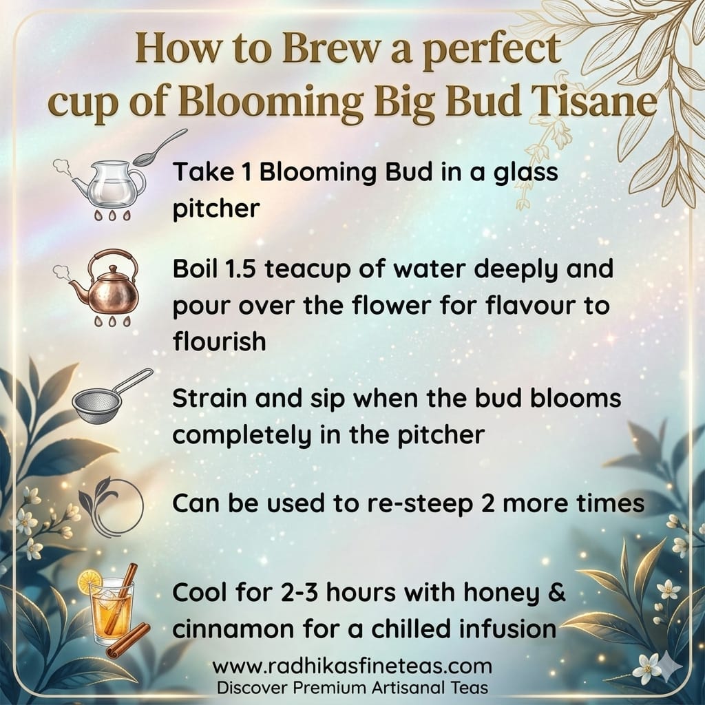 Instructions for brewing a perfect cup of Blooming Big Bud Tisane with decorative elements.
