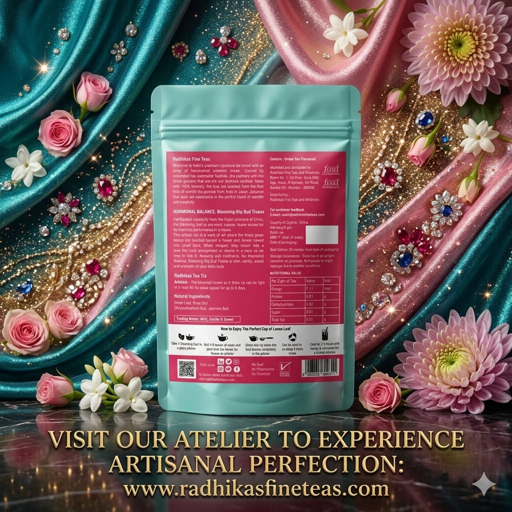 Tea package with decorative background featuring flowers and jewelry.