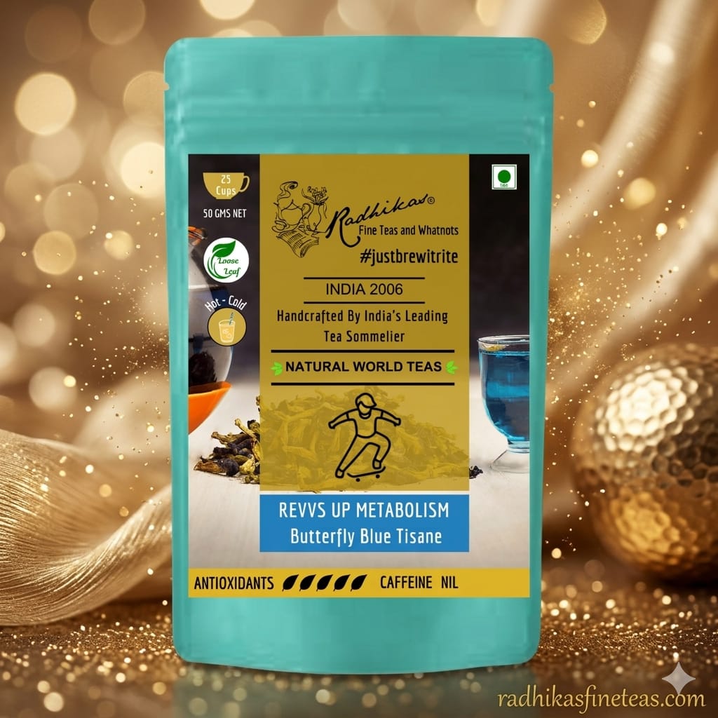 Tea package with a gold and brown blurred background