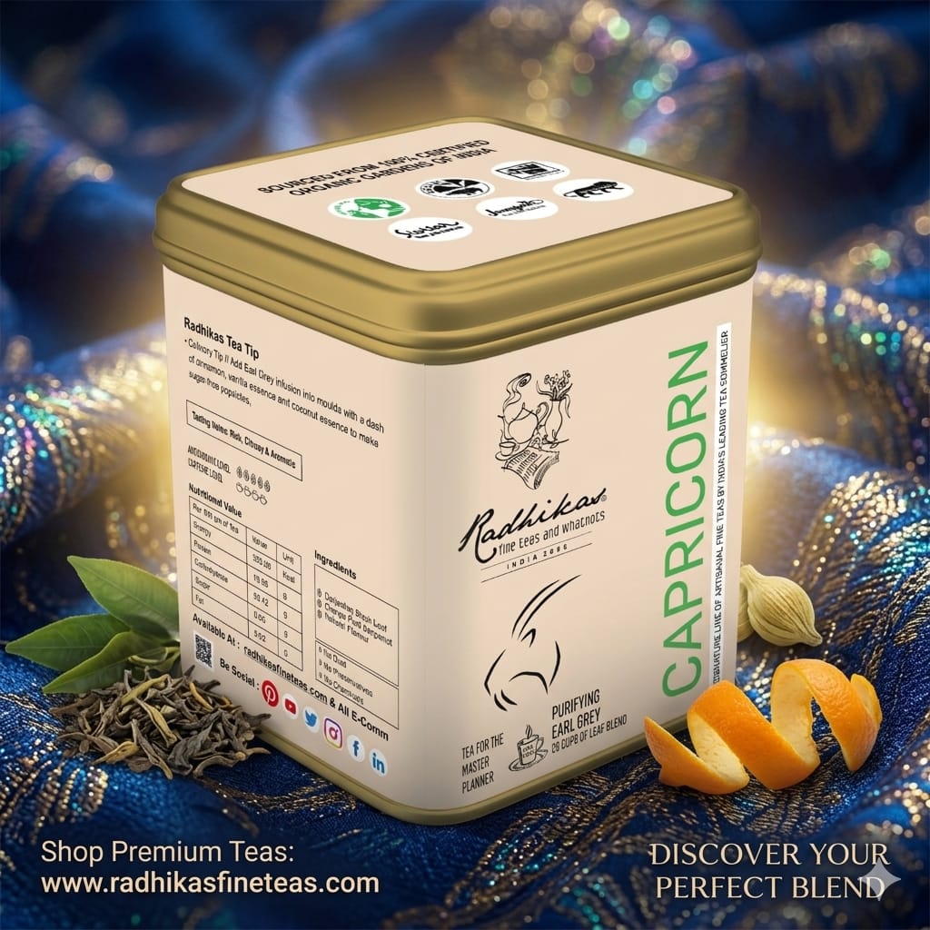 Tea canister labeled 'Capricorn' with tea leaves and orange peel on a decorative background