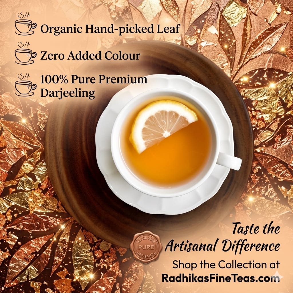 Tea cup with lemon slice on a decorative background with tea leaf illustrations and text about tea quality.