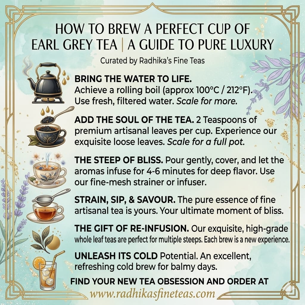 Instructions on how to brew a perfect cup of Earl Grey tea with decorative elements and branding.