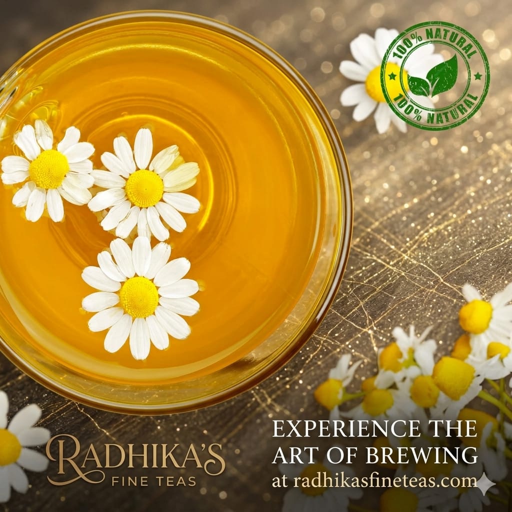 Tea with daisies in a glass cup on a gold background, featuring Radhika's Fine Teas branding.