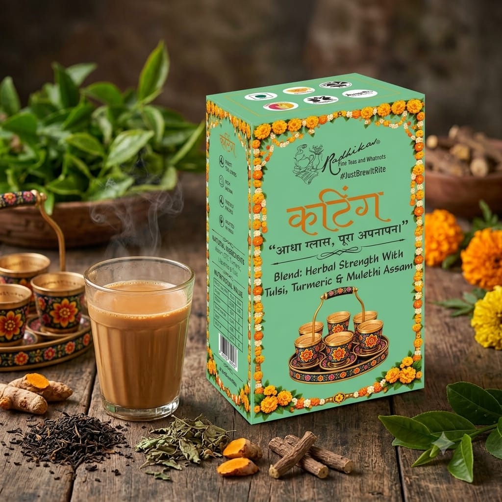 A box of Mallickarot Herbal Tea Blend 'Kattega' is displayed on a rustic wooden table alongside a glass of brewed tea, loose herbs, turmeric, ginger, and fresh green leaves.