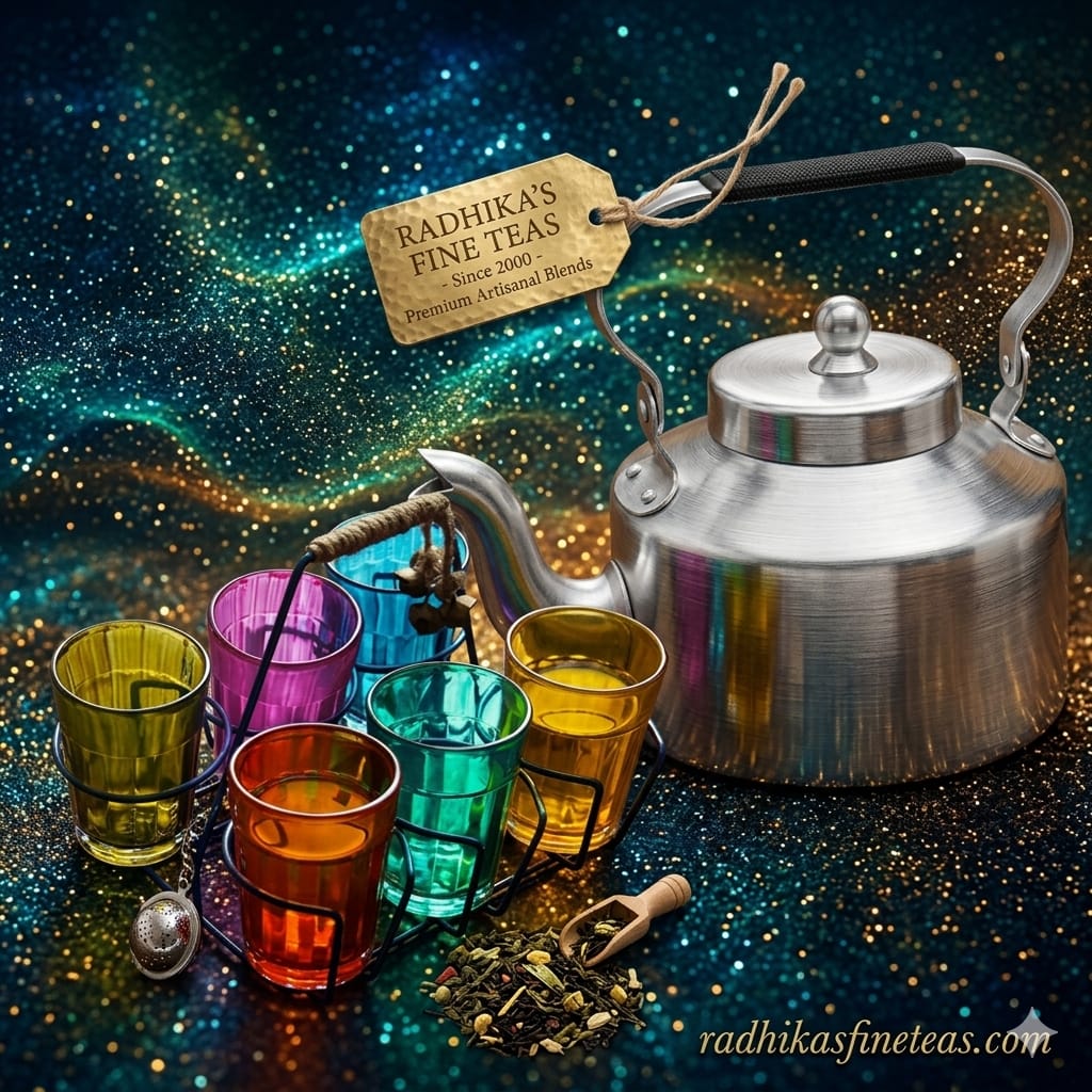 Silver teapot with colorful glasses and tea leaves on a starry night background, featuring Radhika's Fine Teas branding.