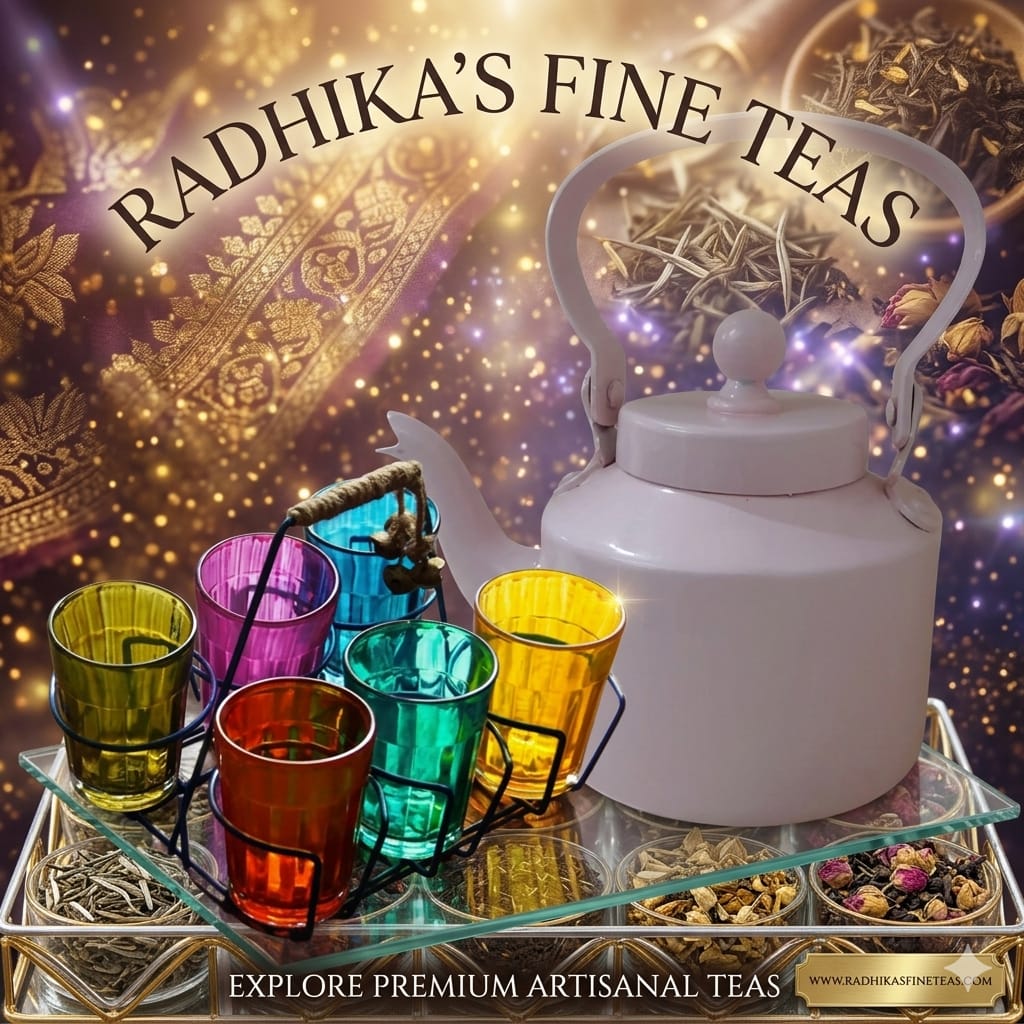 White teapot with colorful glass cups on a decorative stand against a sparkling background with 'Radhika's Fine Teas' branding.