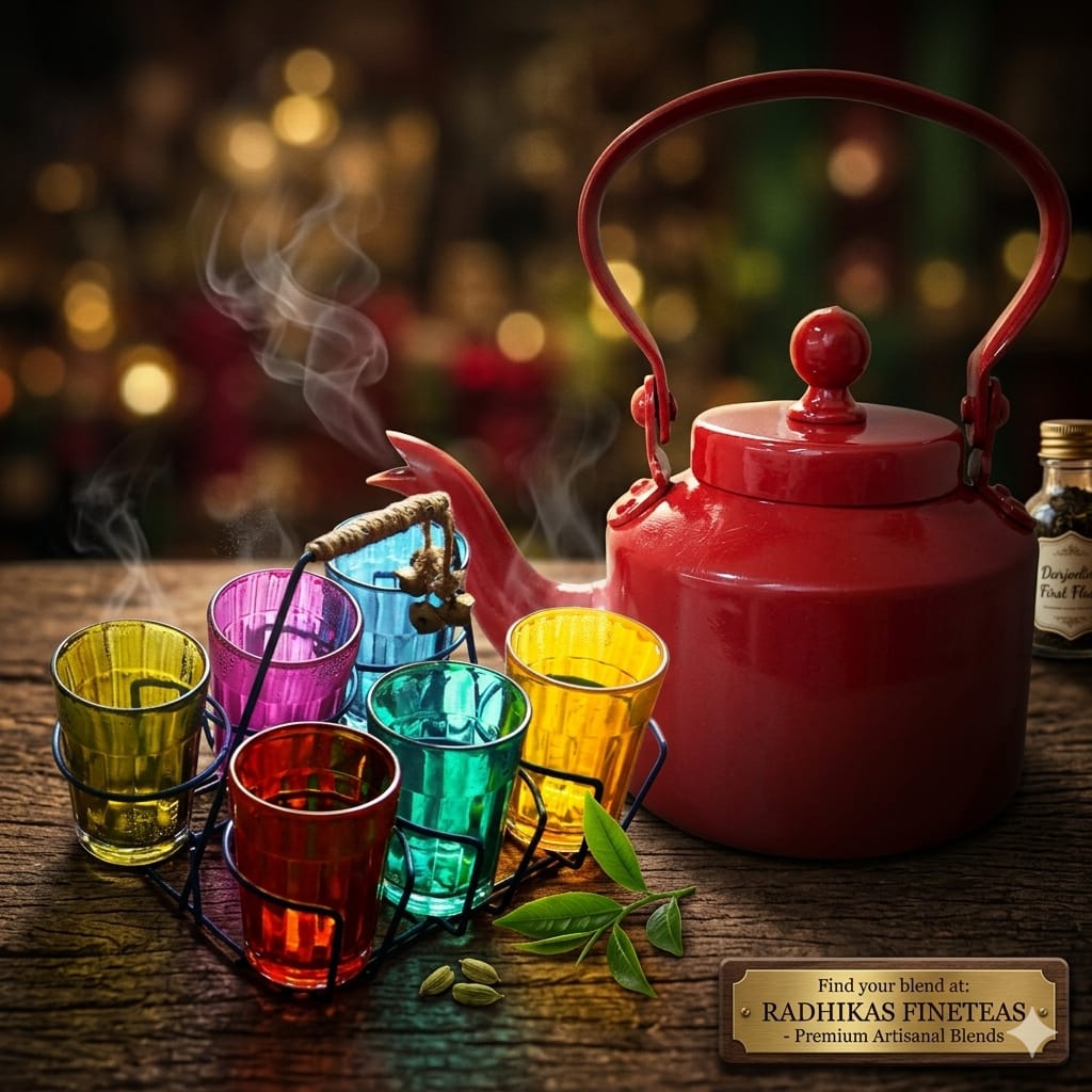 Red teapot with colorful glass cups on a wooden table, blurred lights in the background