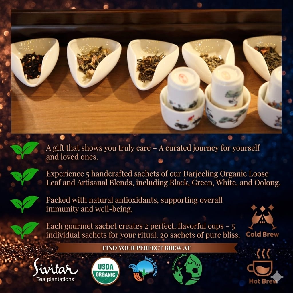 Tea packaging with loose leaf tea in small cups on a wooden board, featuring Sivitar Tea Plantations branding.