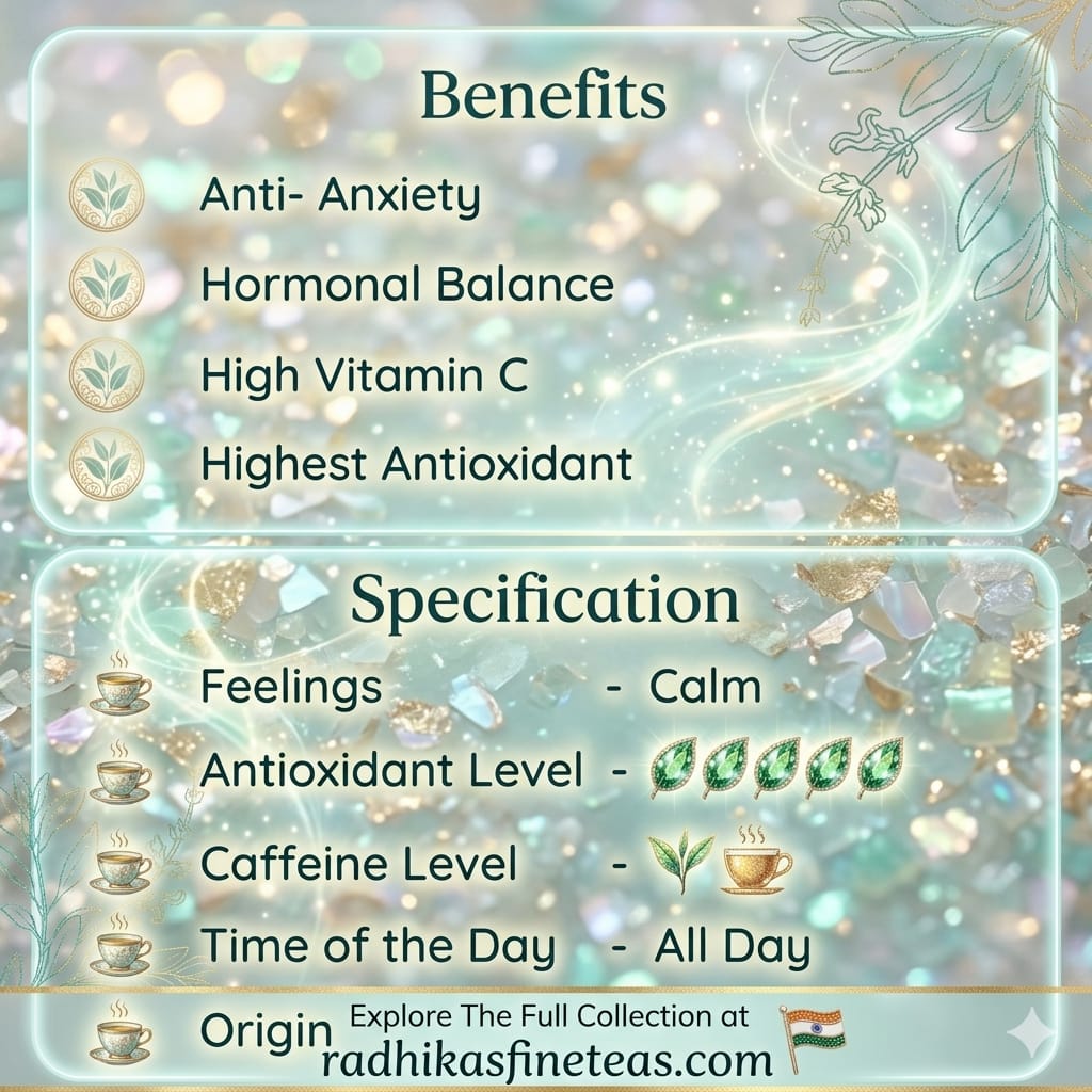Tea benefits and specifications with decorative elements on a light green background