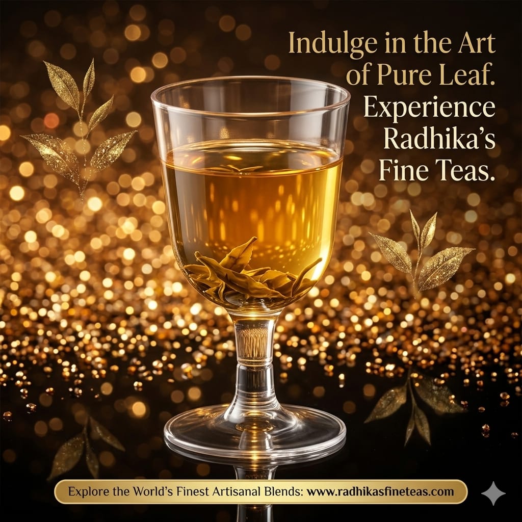 Glass of tea with gold leaves on a dark background with text promoting Radhika's Fine Teas.