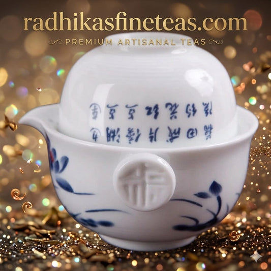 White teapot with blue floral design on a glittery gold background, featuring 'radhikasfineteas.com' text.