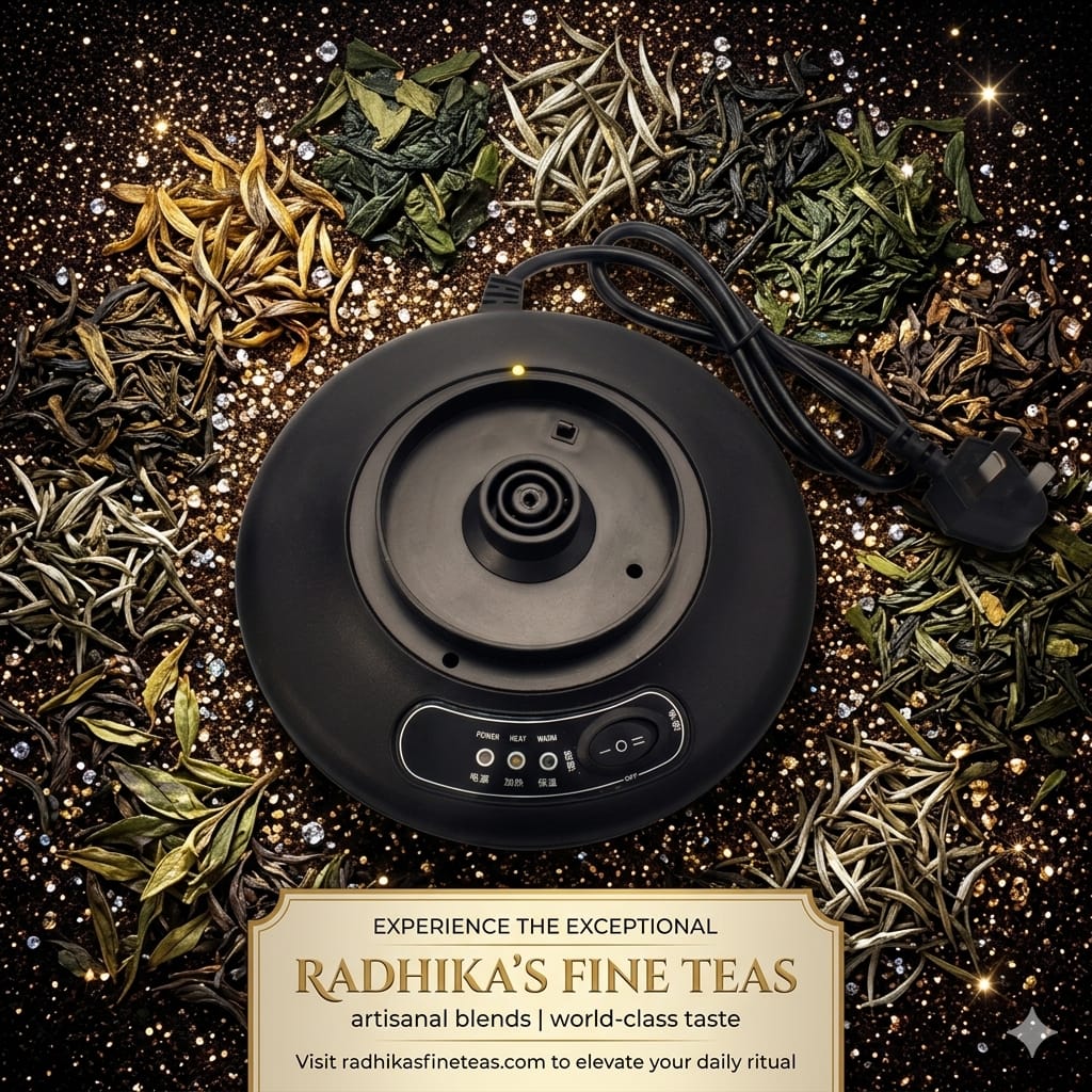Tea infuser surrounded by various tea leaves on a dark background with Radhika's Fine Teas branding.