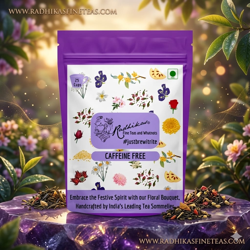 Tea package with floral designs and text on a nature-themed background