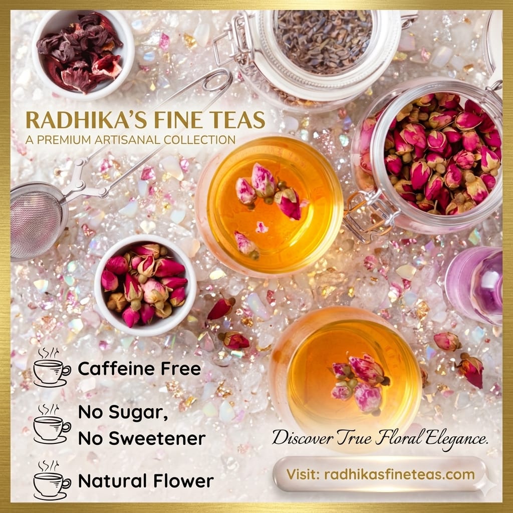 Tea cups with floral elements and Radhika's Fine Teas branding on a decorative background.