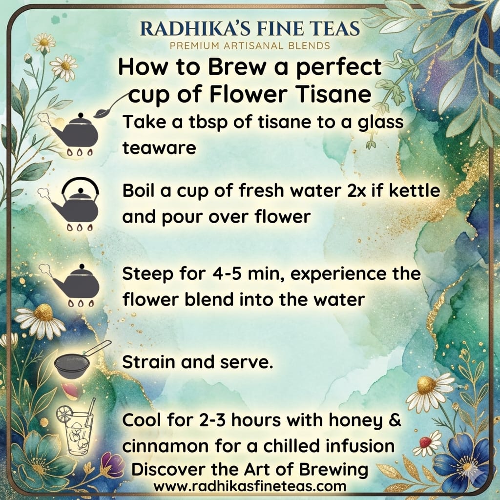 Instructions for brewing flower tisane with Radhika's Fine Teas branding and floral design elements.