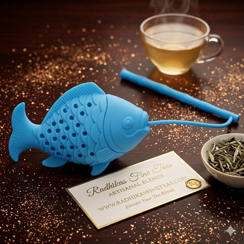 Blue fish-shaped tea infuser on a wooden surface with a cup of tea and a bowl of tea leaves.