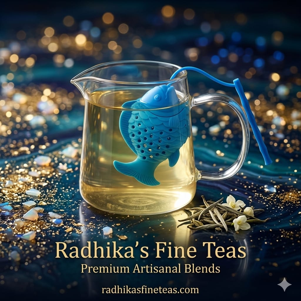 Tea infuser in a glass of tea with a blurred glittery background, featuring Radhika's Fine Teas branding.