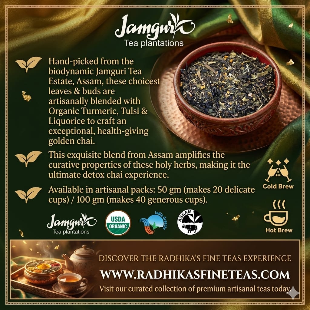 Advertisement for Jamguri Tea plantations with a bowl of tea leaves and promotional text.