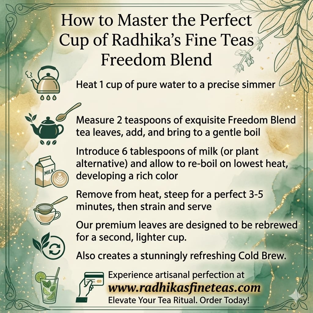 Instructions for making the Perfect Cup of Radhika's Fine Teas Freedom Blend with illustrations and text.