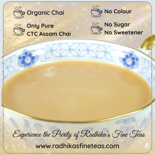 Cup of tea with Radhika's Fine Teas branding and tea type options.