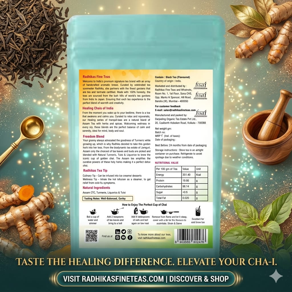 Tea packaging with tea leaves, ginger root, and a spoon on a decorative background.