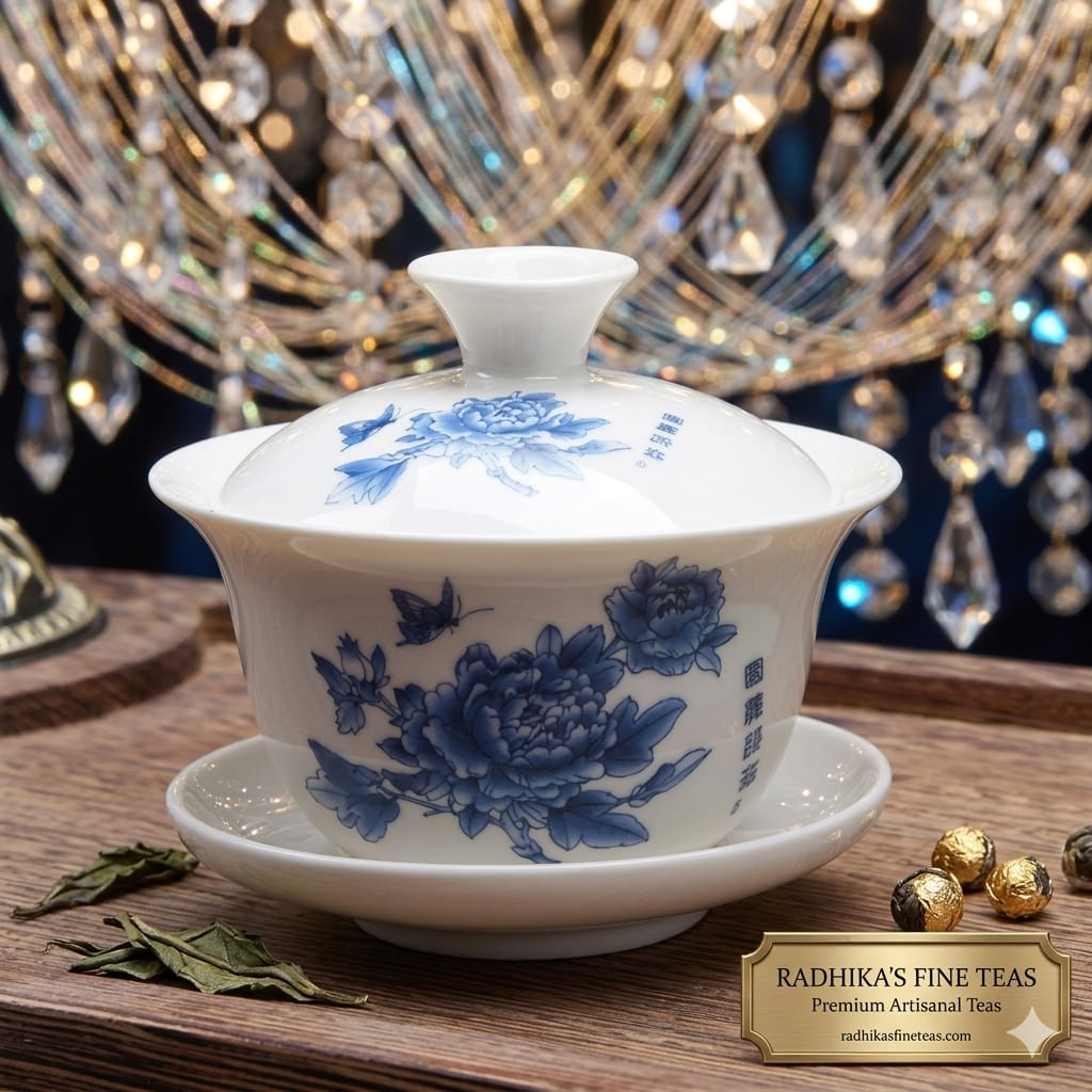 White teapot with blue floral patterns on a wooden surface, featuring Radhika's Fine Teas branding.