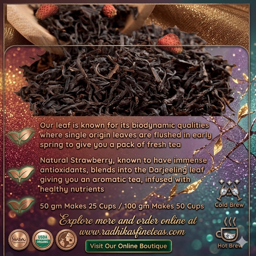 Tea leaves with text about biodynamic qualities and health benefits, featuring a brand logo.