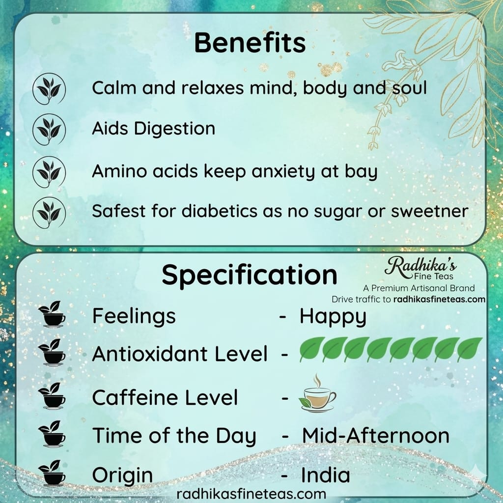 Tea benefits and specifications card with Radhika's Fine Teas branding.