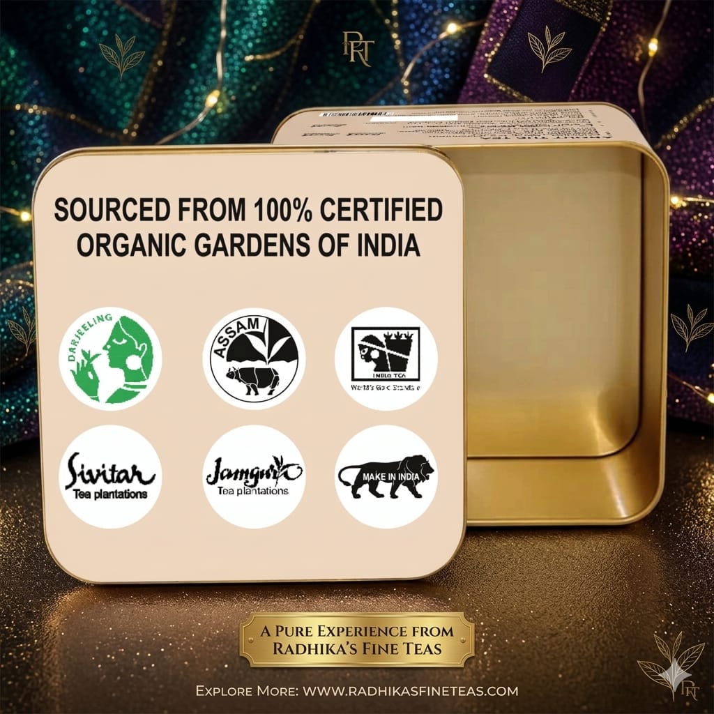 Gold tea tin with certification logos and Radhika's Fine Teas branding on a decorative background.
