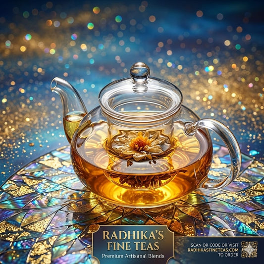 Glass teapot with tea and a flower on a decorative surface with a blurred, colorful background.