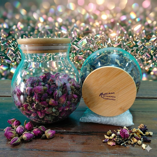 Glass jar with dried flowers, wooden lid, and decorative background