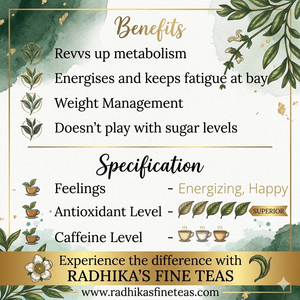 Promotional graphic for Radhika's Fine Teas with benefits and specifications listed.