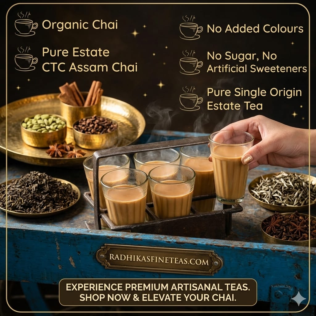 Tea-making setup with ingredients and a glass of tea, featuring Radhika's Fine Teas branding.