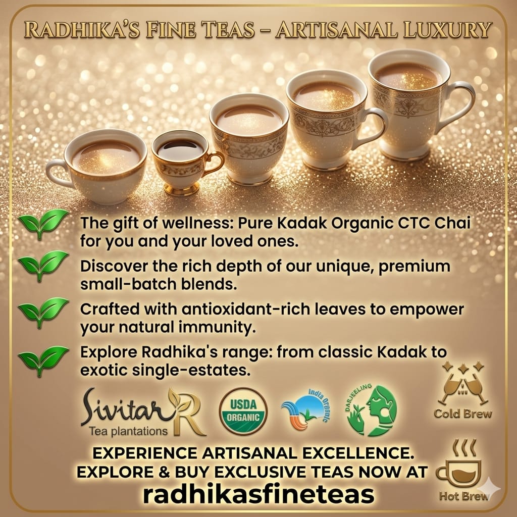 Advertisement for Radhika's Fine Teas with tea cups and promotional text on a gold background.