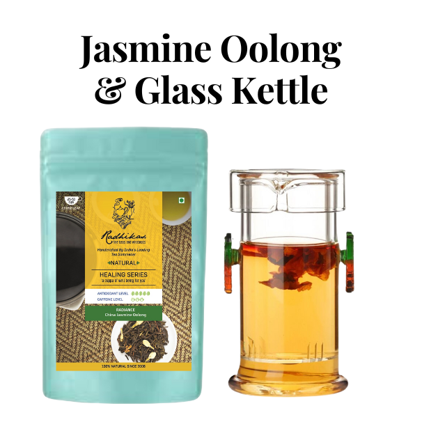 A contemporary glass kettle with a porcelain infuser next to a package of Radiance China Jasmine Oolong Tea by Radhikas Fine Teas.