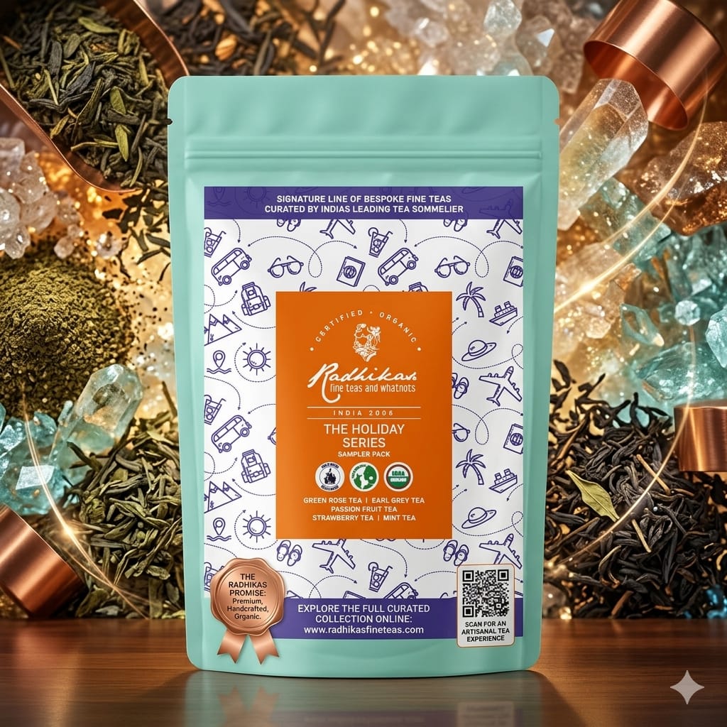 Tea packaging with decorative elements and tea leaves in the background