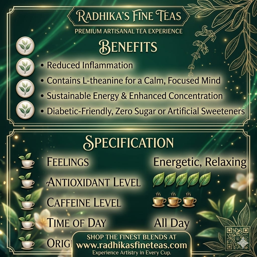Promotional graphic for Radhika's Fine Teas with benefits and specifications on a green background.