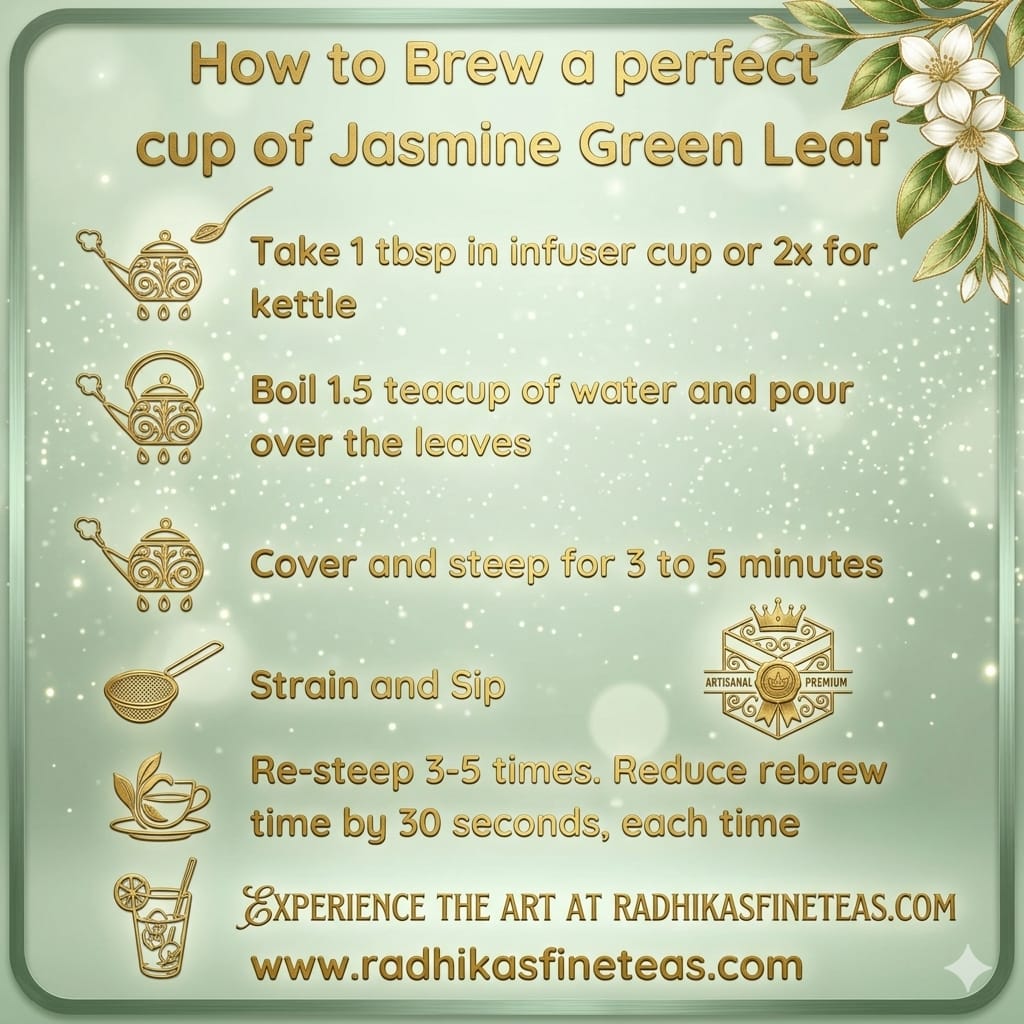 Instructions for brewing jasmine green leaf tea with illustrations and text on a light green background.