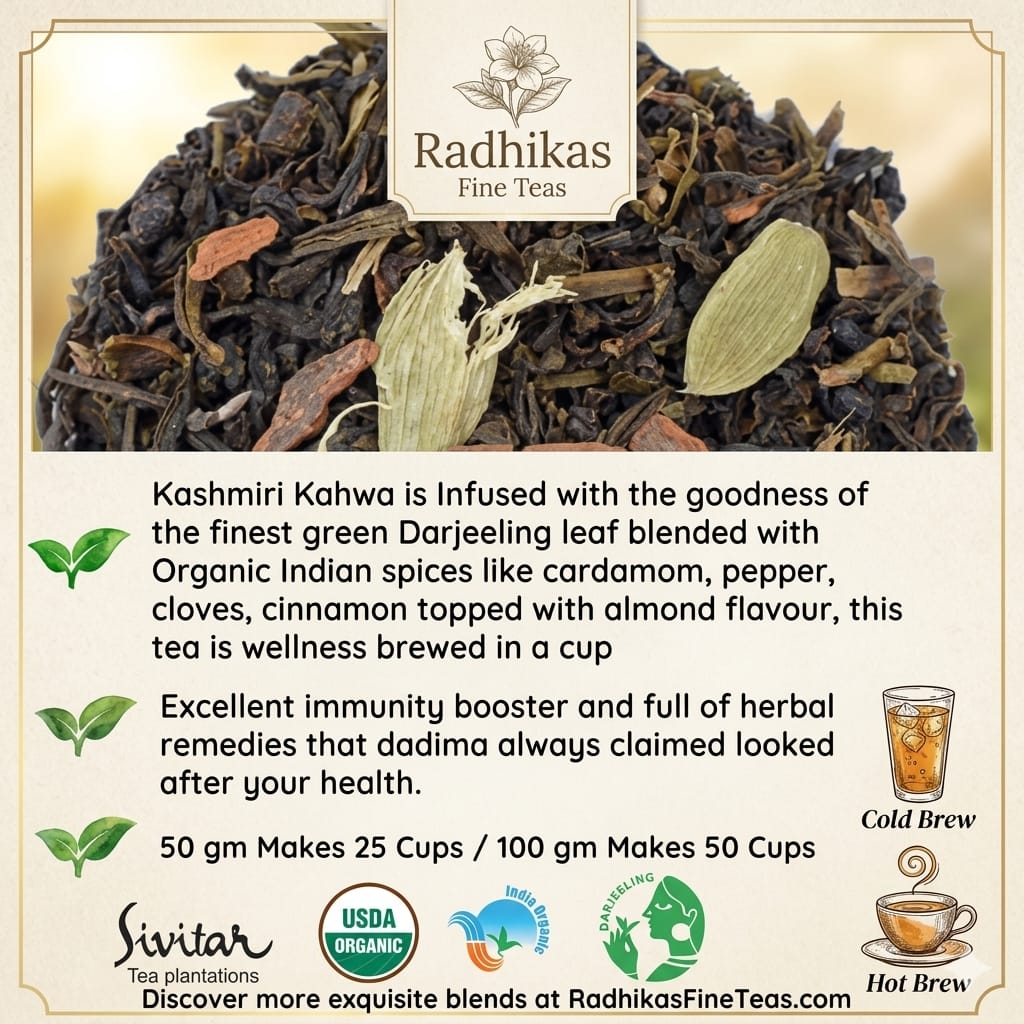 Tea blend with spices and leaves, featuring Radhikas Fine Teas branding.