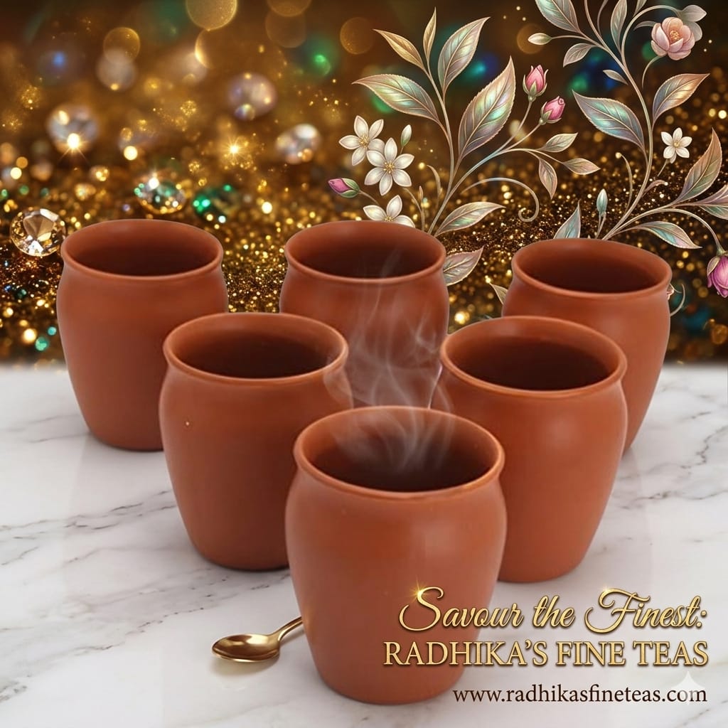 Set of terracotta tea cups with steam on a marble surface, decorative background with flowers and lights.