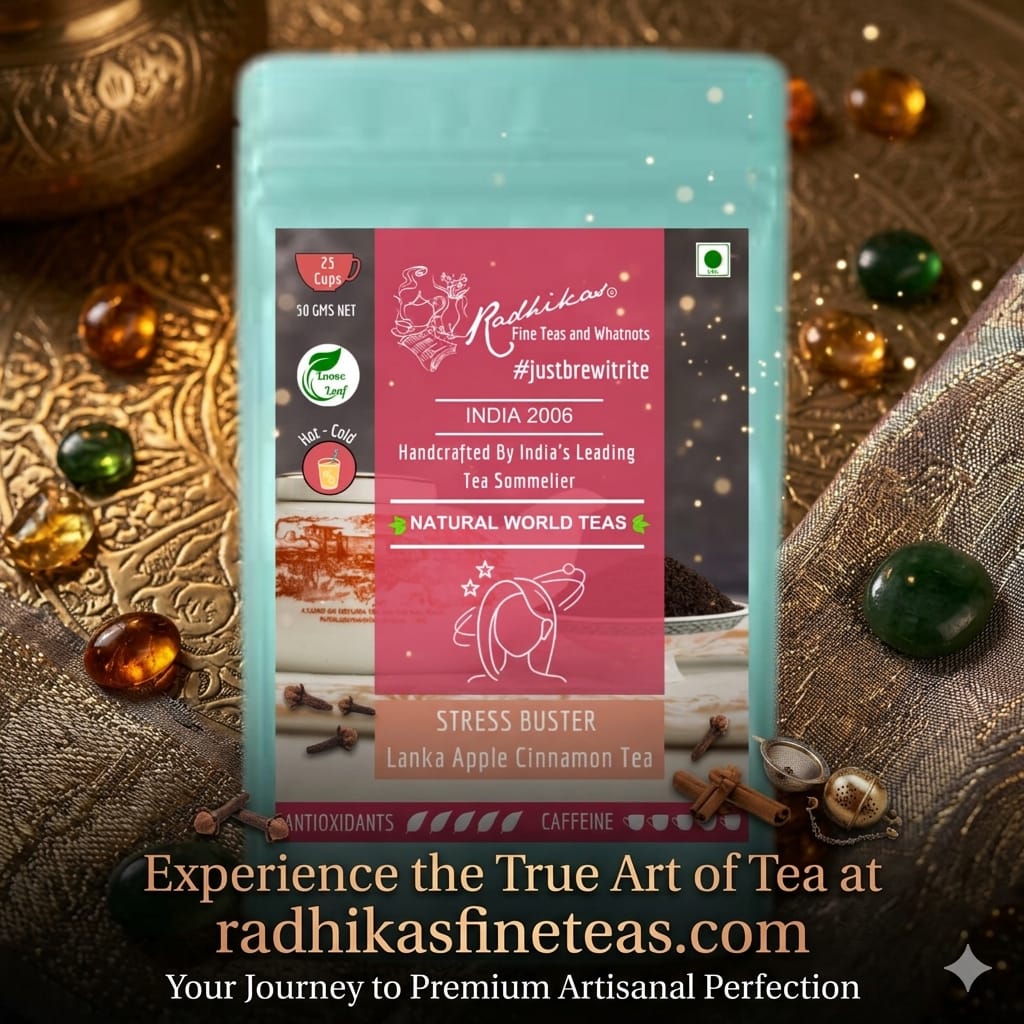 Tea package with decorative background and promotional text