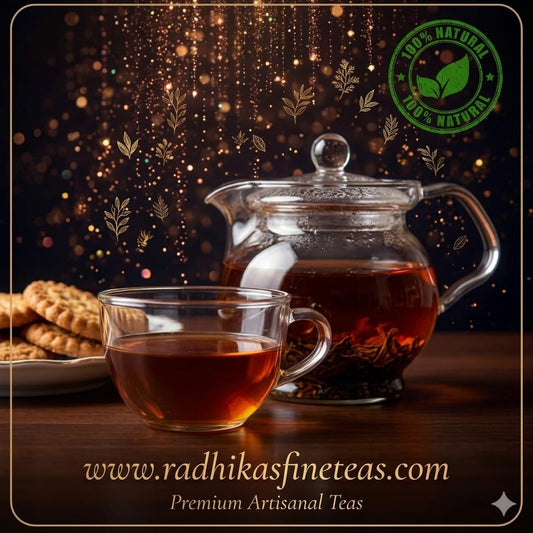 Glass teapot and cup of tea with cookies on a wooden surface, branded 'Radhika's Fine Teas'.