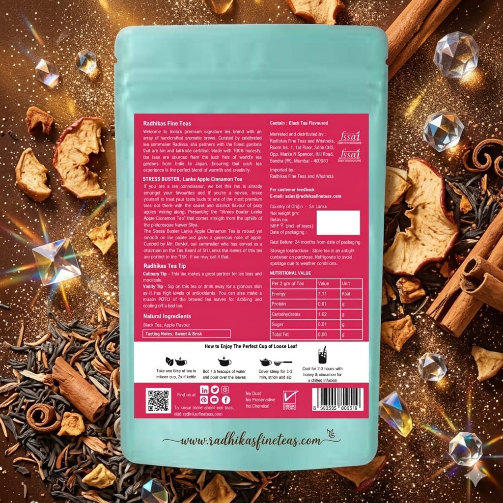 Tea package with a pink label on a decorative background with tea leaves and spices