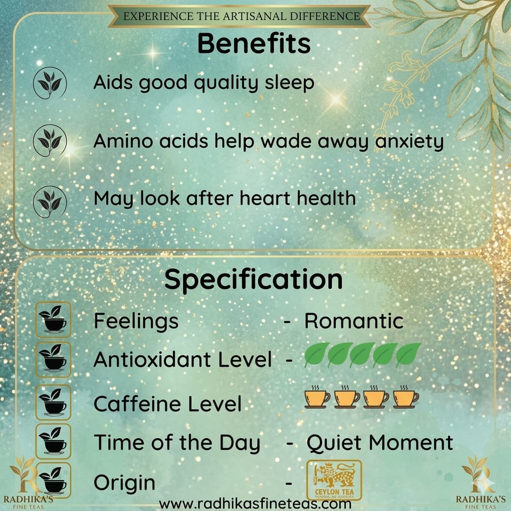 Tea product information card with benefits and specifications on a decorative background.