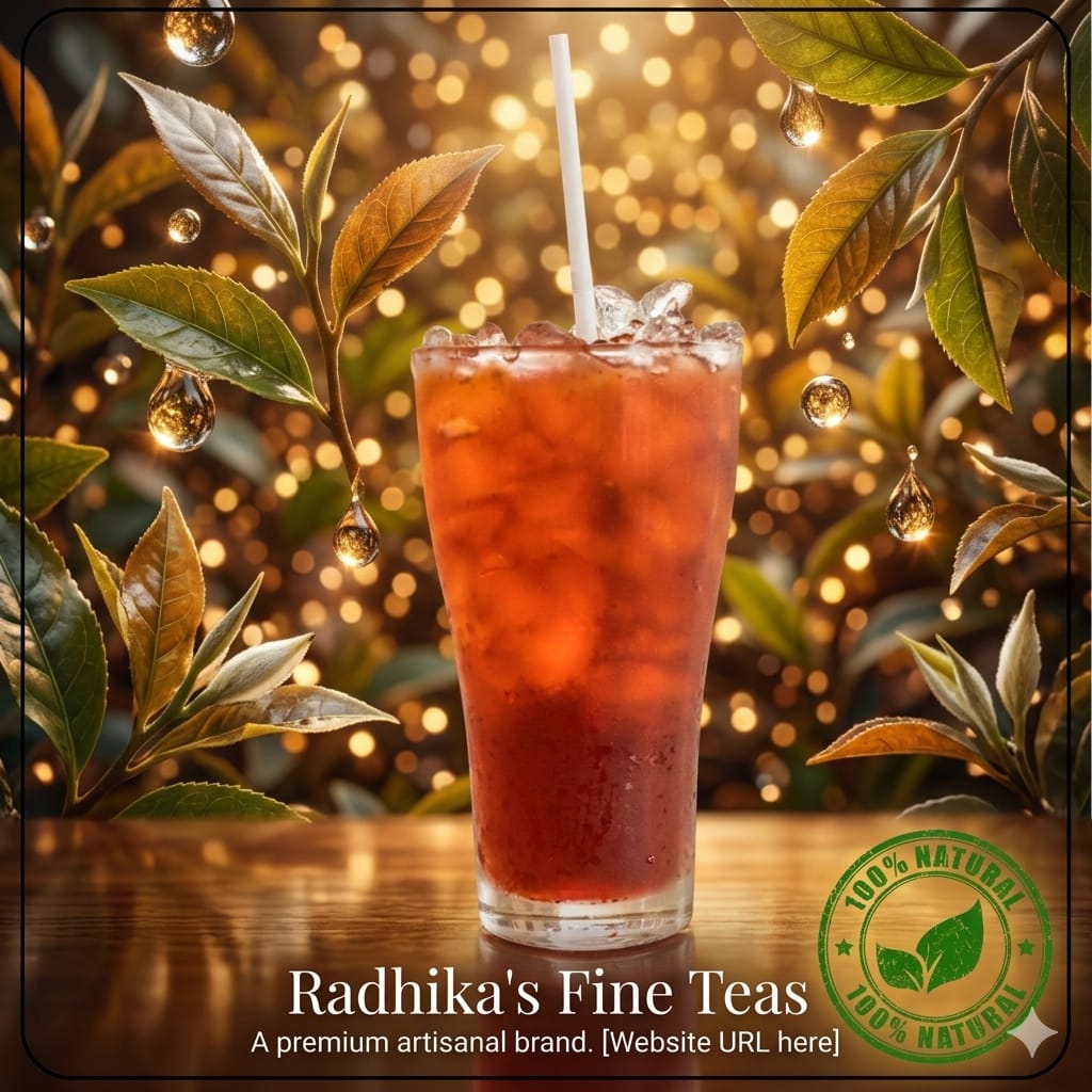 Glass of iced tea with leaves and a straw on a wooden surface, featuring Radhika's Fine Teas branding.