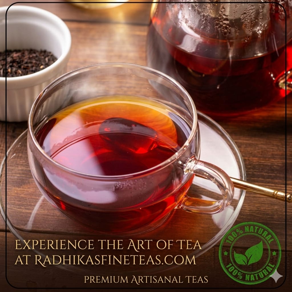 Clear glass cup of tea with a teapot and bowl of tea leaves on a wooden surface, featuring Radhika's Fine Teas branding.